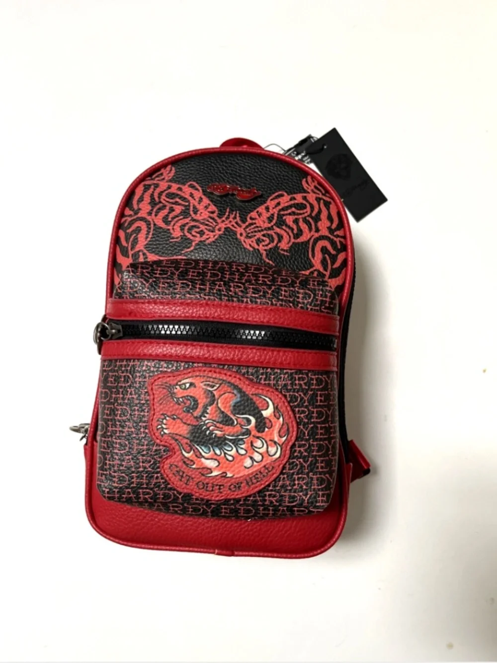 Ed Hardy Tiger Sling Backpack Crossbody Red Black Skull Zip Adjustable NWT